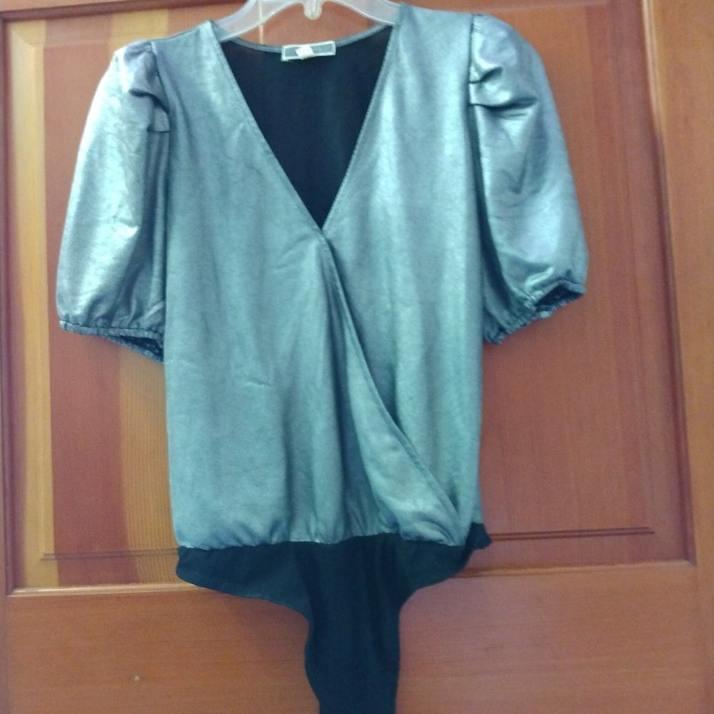 Pleione silver, metallic bodysuit, thong bottom, short sleeve, one piece